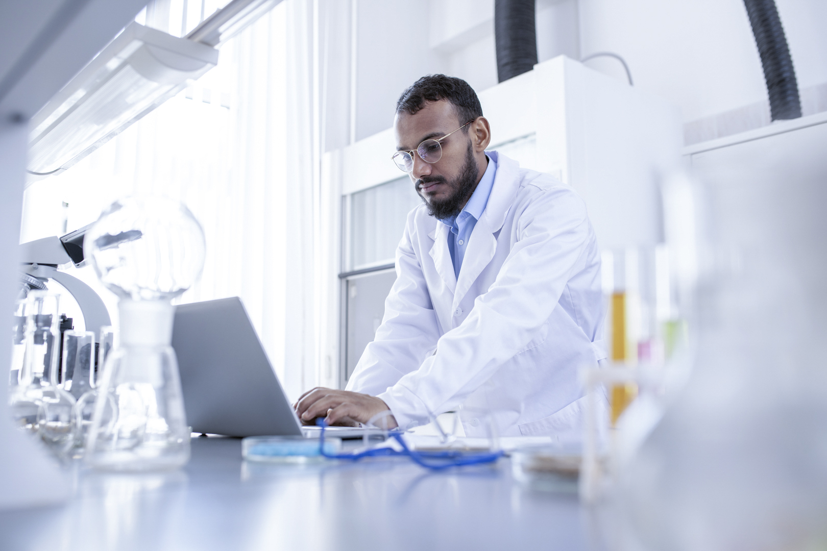 Working on research in laboratory